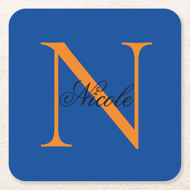 Initial Monogrammed Handwritten Own Name Deep Blue Square Paper Coaster (Front)
