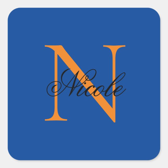 Initial Monogrammed Handwritten Own Name Deep Blue Square Sticker (Front)