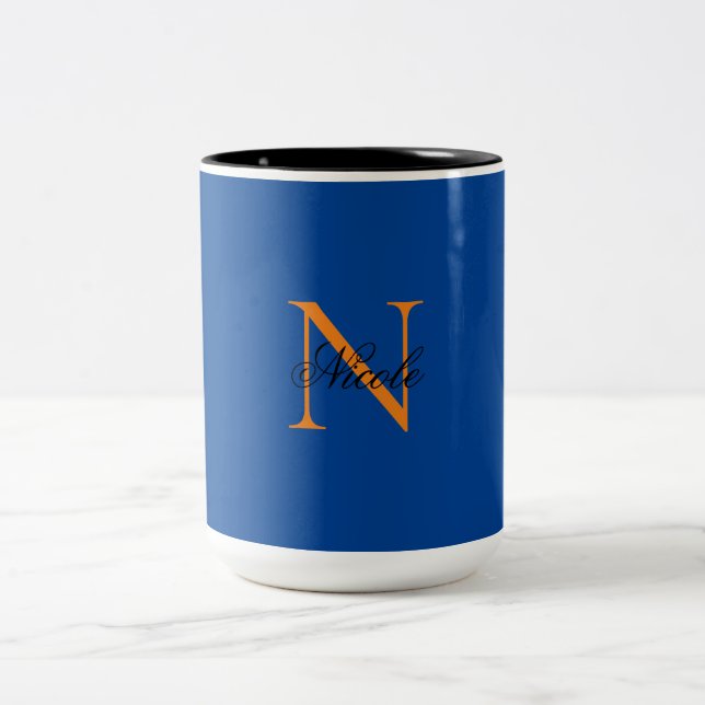 Initial Monogrammed Handwritten Own Name Deep Blue Two-Tone Coffee Mug (Center)