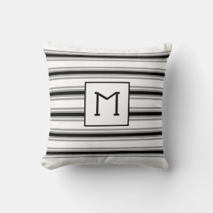 Initial Monogrammed on White, Black Grey Stripe Throw Pillow