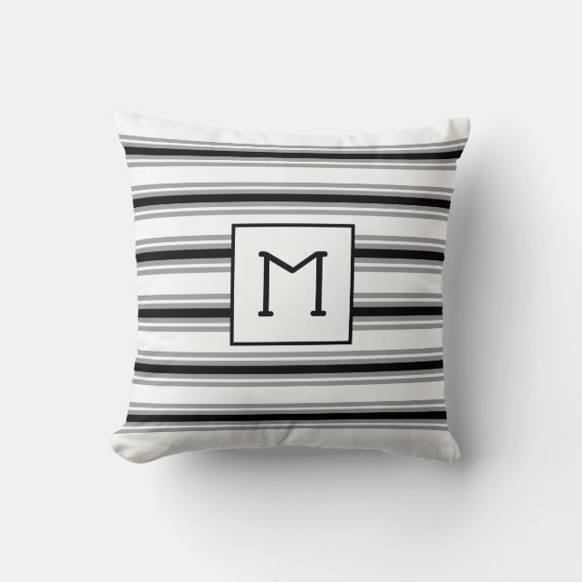 Initial Monogrammed on White, Black Grey Stripe Throw Pillow (Front)