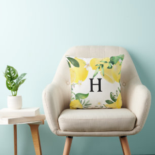 Initial Monogrammed Summer Lemon Garden Yellow Throw Pillow