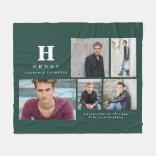 Initial multi photo graduate announcement green fleece blanket