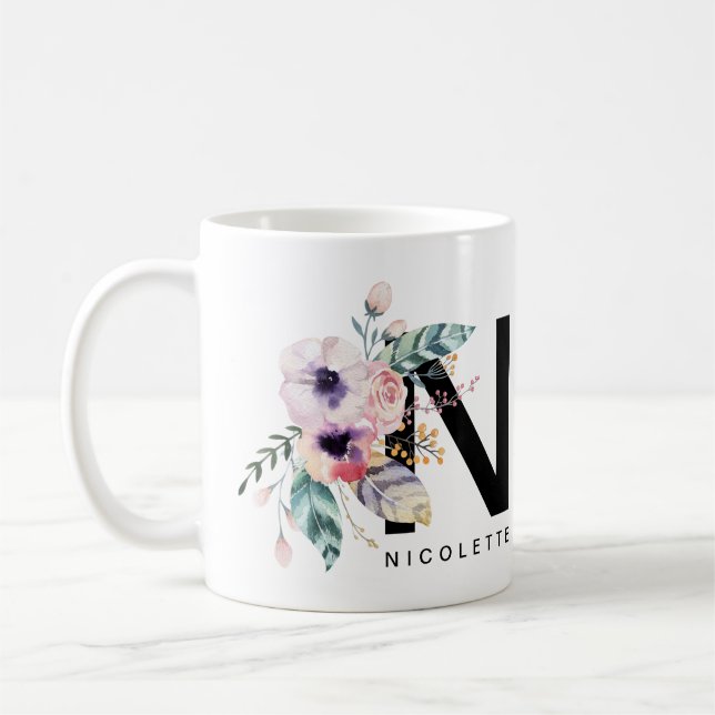Initial 'N' Alphabet Mug Monogram Boho Watercolour (Left)