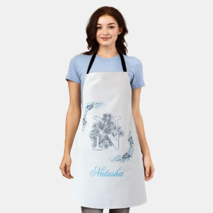 Initial "N" Blue Monogram Calm Floral Apron