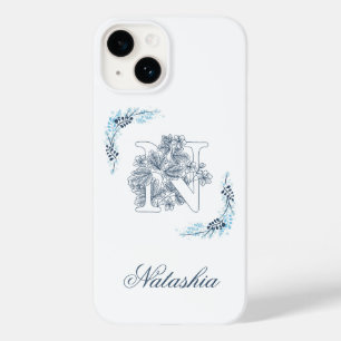 Initial "N" Blue Monogram Calm Floral Case-Mate iPhone 14 Case