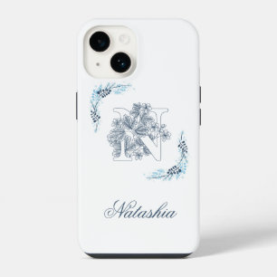 Initial "N" Blue Monogram Calm Floral iPhone 14 Case