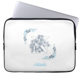 Initial "N" Blue Monogram Calm Floral Laptop Sleeve