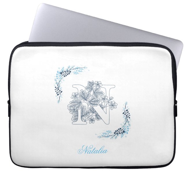 Initial "N" Blue Monogram Calm Floral Laptop Sleeve (Front)