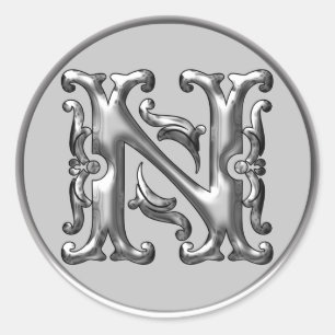Initial N Round Sticker in silver
