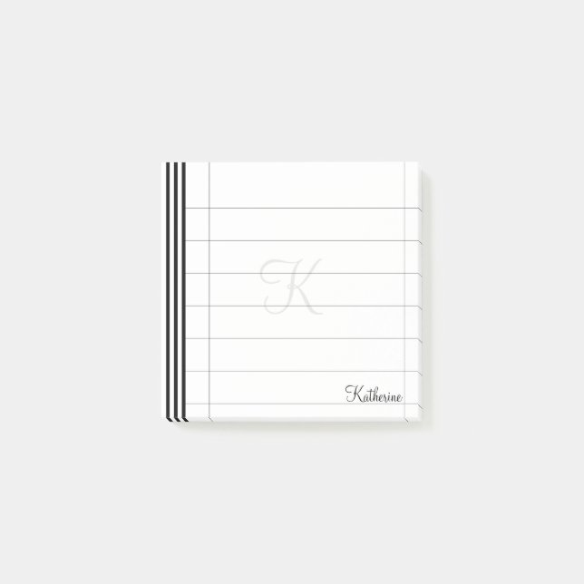 Initial & Name Black/White Simple Stripes Pattern Post-it Notes (Front)