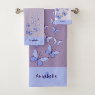 Initial & Name Blue Butterfly Flutter Lavender Bath Towel Set