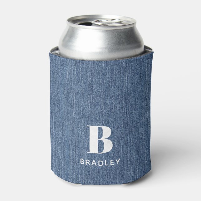 Initial Name, Light Blue Denim Print 12oz Can Cooler (Can Front)