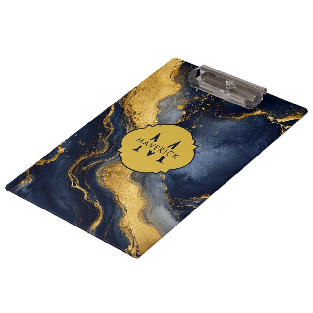 Initial Name on Navy Gold Abstract Marble FluidArt Clipboard (Angled)
