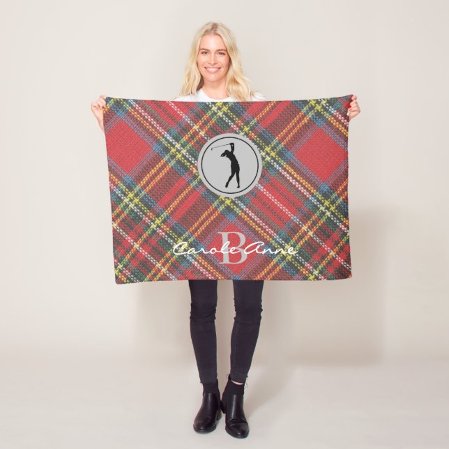 Initial Name Woman Golfer, Stewart Tartan Plaid Fleece Blanket (In Situ)
