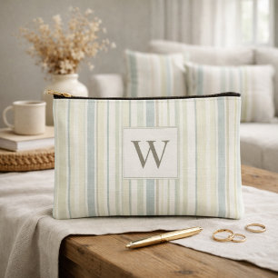 Initial Neutral Dusty Blue Stripe Rustic Farmhouse Accessory Pouch