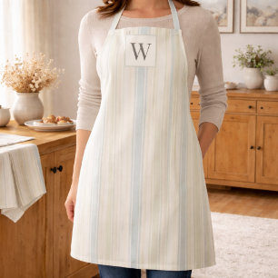 Initial Neutral Dusty Blue Stripe Rustic Farmhouse Apron
