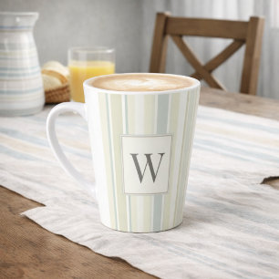 Initial Neutral Dusty Blue Stripe Rustic Farmhouse Latte Mug