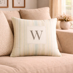 Initial Neutral Dusty Blue Stripe Rustic Farmhouse Throw Pillow