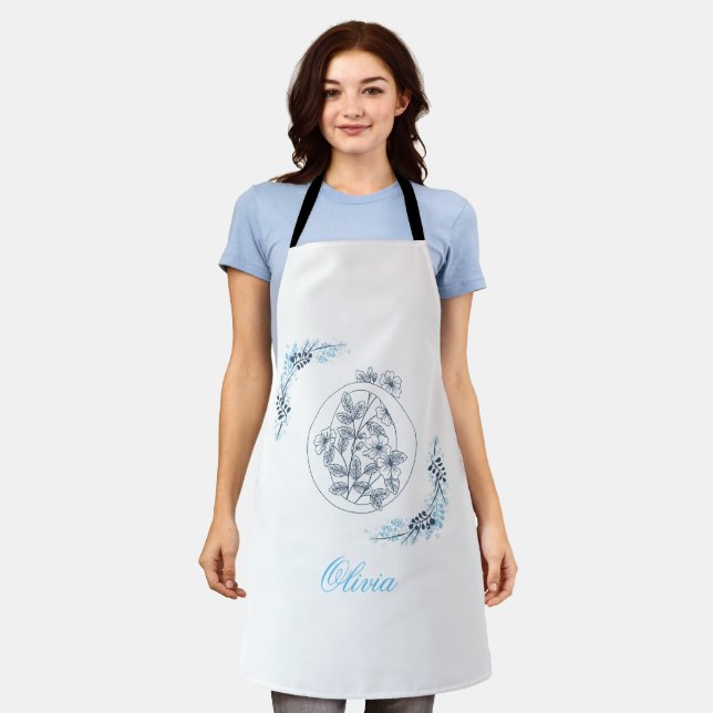 Initial "O" Blue Monogram Calm Floral Apron (Worn)