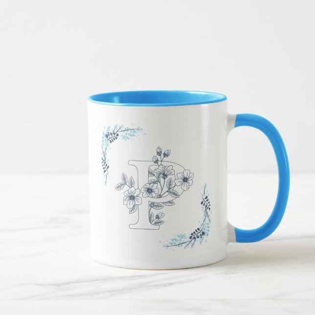 Initial "P" Blue Monogram Calm Floral Coffee Mug (Right)