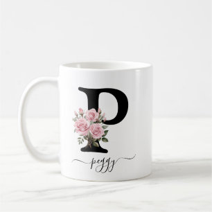 Initial P Monogram Floral Flower Pink Roses Mug