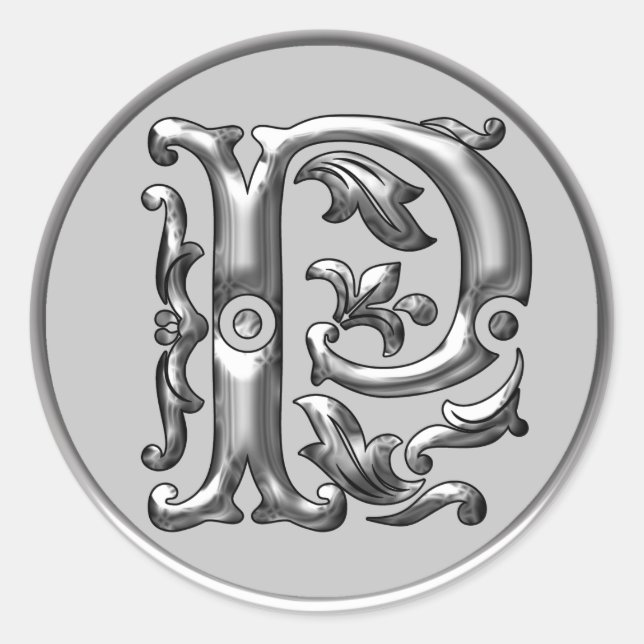 Initial P Round Sticker in silver (Front)