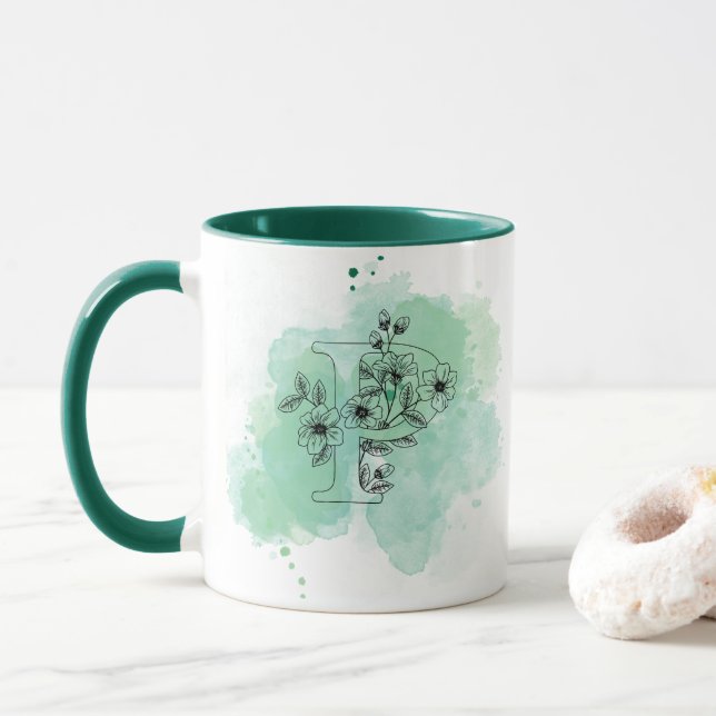 Initial P Watercolor Monogram Green Botanical  Mug (With Donut)