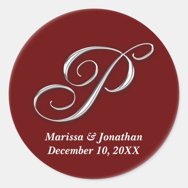 Initial P wine red monogram custom name favour sea Classic Round Sticker (Front)