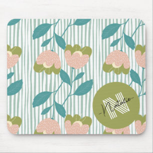 Initial Pastel watercolor olive and blue Flowers Mouse Pad