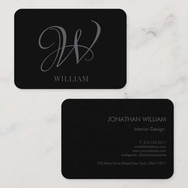 Initial Personalized Elegant Black Grey Monogram  Business Card (Front/Back)