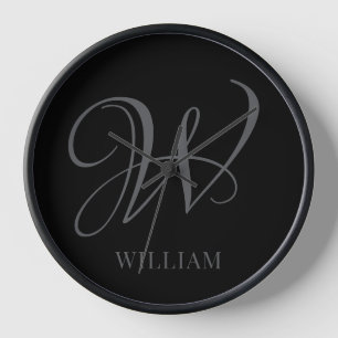 Initial Personalized Elegant Black Grey Monogram  Clock