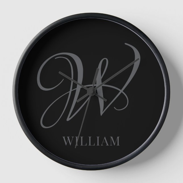 Initial Personalized Elegant Black Grey Monogram  Clock (Front)