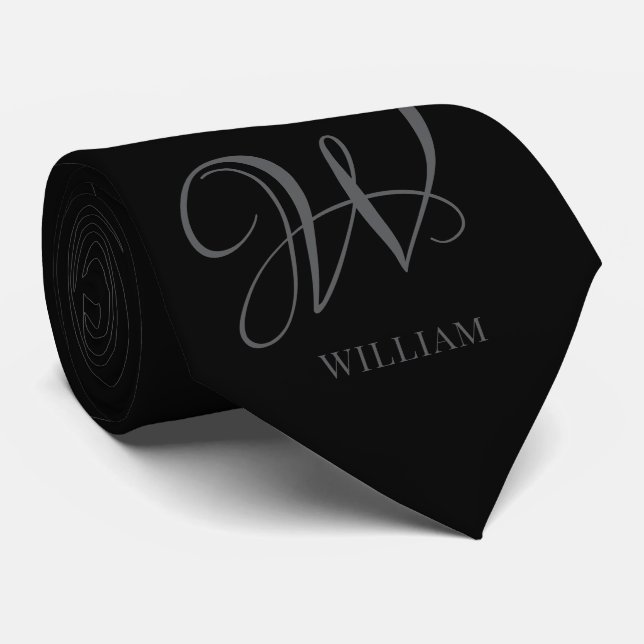 Initial Personalized Elegant Black Grey Monogram  Tie (Rolled)