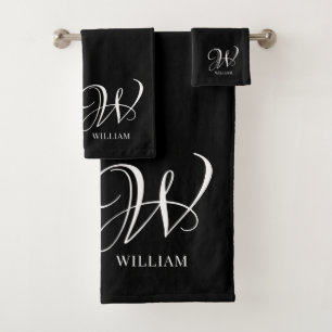 Initial Personalized Elegant Black Monogram  Bath Towel Set