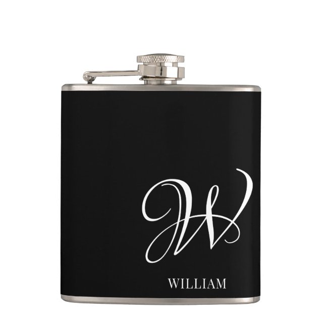 Initial Personalized Elegant Black Monogram  Hip Flask (Front)