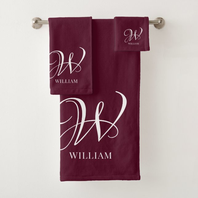 Initial Personalized Elegant Burgundy Monogram  Bath Towel Set (Insitu)