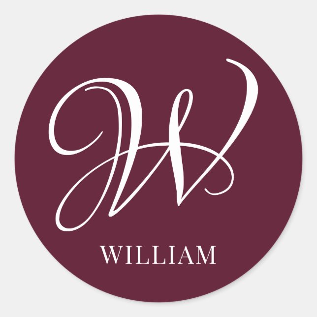 Initial Personalized Elegant Burgundy Monogram  Classic Round Sticker (Front)