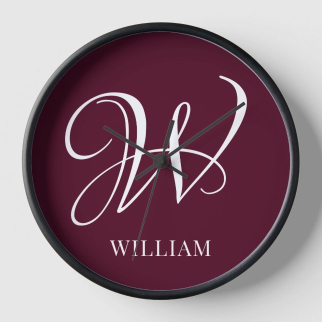 Initial Personalized Elegant Burgundy Monogram  Clock (Front)