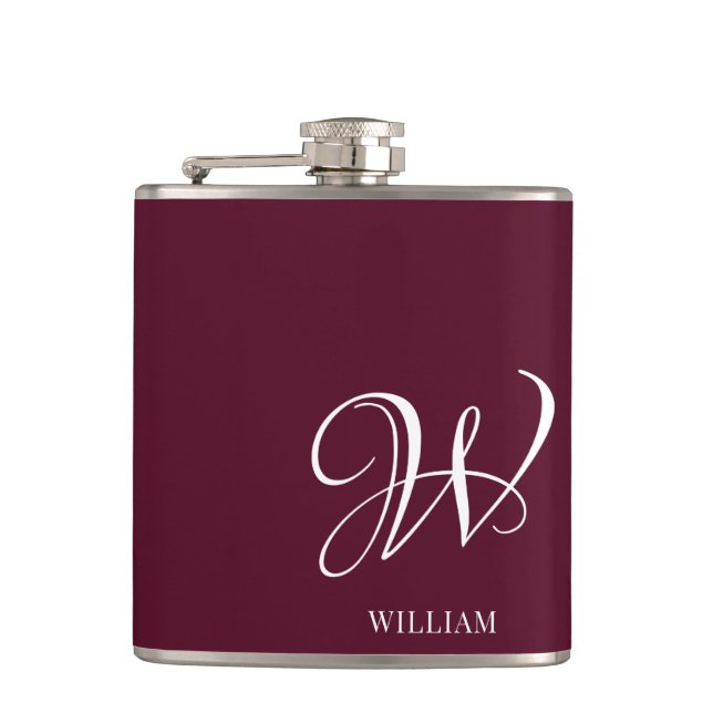 Initial Personalized Elegant Burgundy Monogram  Hip Flask (Front)