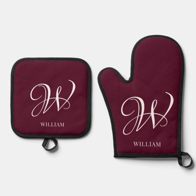 Initial Personalized Elegant Burgundy Monogram  Oven Mitt & Pot Holder Set (Front)