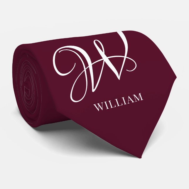 Initial Personalized Elegant Burgundy Monogram  Tie (Rolled)