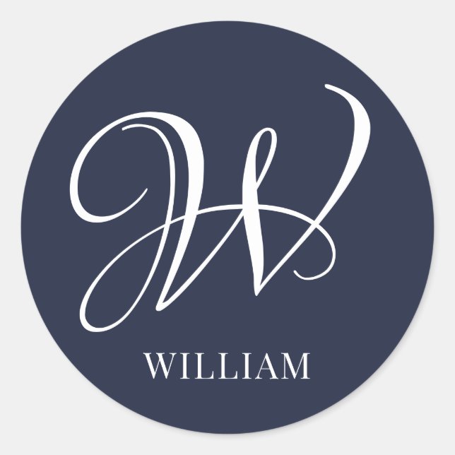 Initial Personalized Elegant Navy Blue Monogram  Classic Round Sticker (Front)