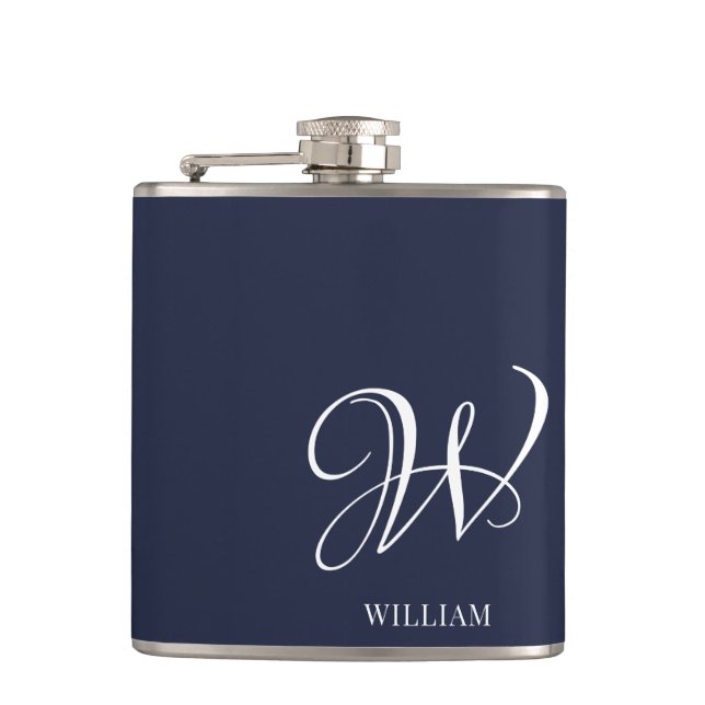 Initial Personalized Elegant Navy Blue Monogram  Hip Flask (Front)