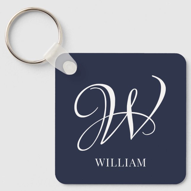 Initial Personalized Elegant Navy Blue Monogram  Keychain (Front)
