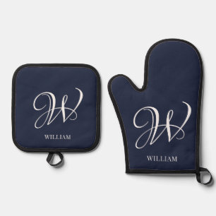 Initial Personalized Elegant Navy Blue Monogram  Oven Mitt & Pot Holder Set