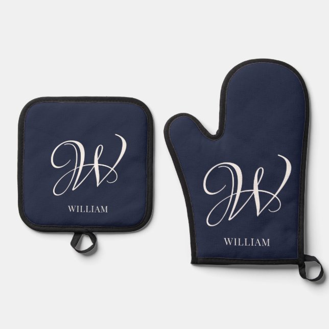 Initial Personalized Elegant Navy Blue Monogram  Oven Mitt & Pot Holder Set (Front)