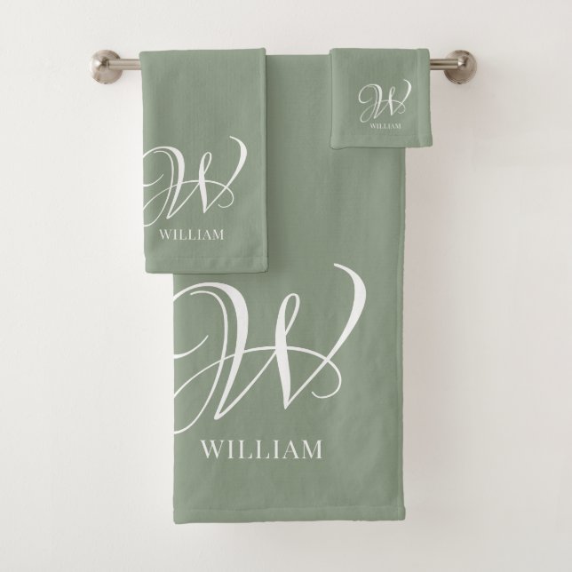 Initial Personalized Elegant Sage Green Monogram  Bath Towel Set (Insitu)