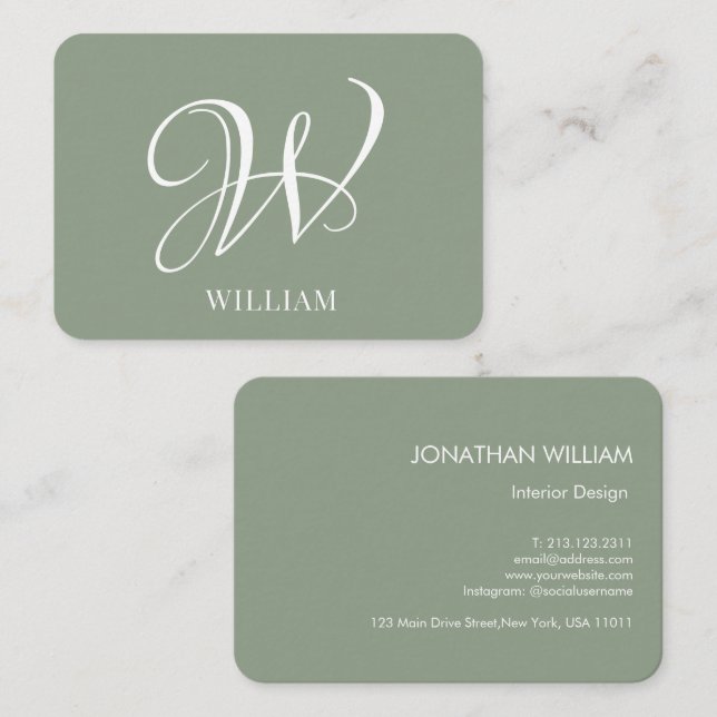 Initial Personalized Elegant Sage Green Monogram  Business Card (Front/Back)