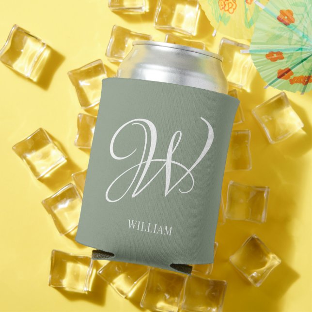 Initial Personalized Elegant Sage Green Monogram  Can Cooler (In Situ Summer)